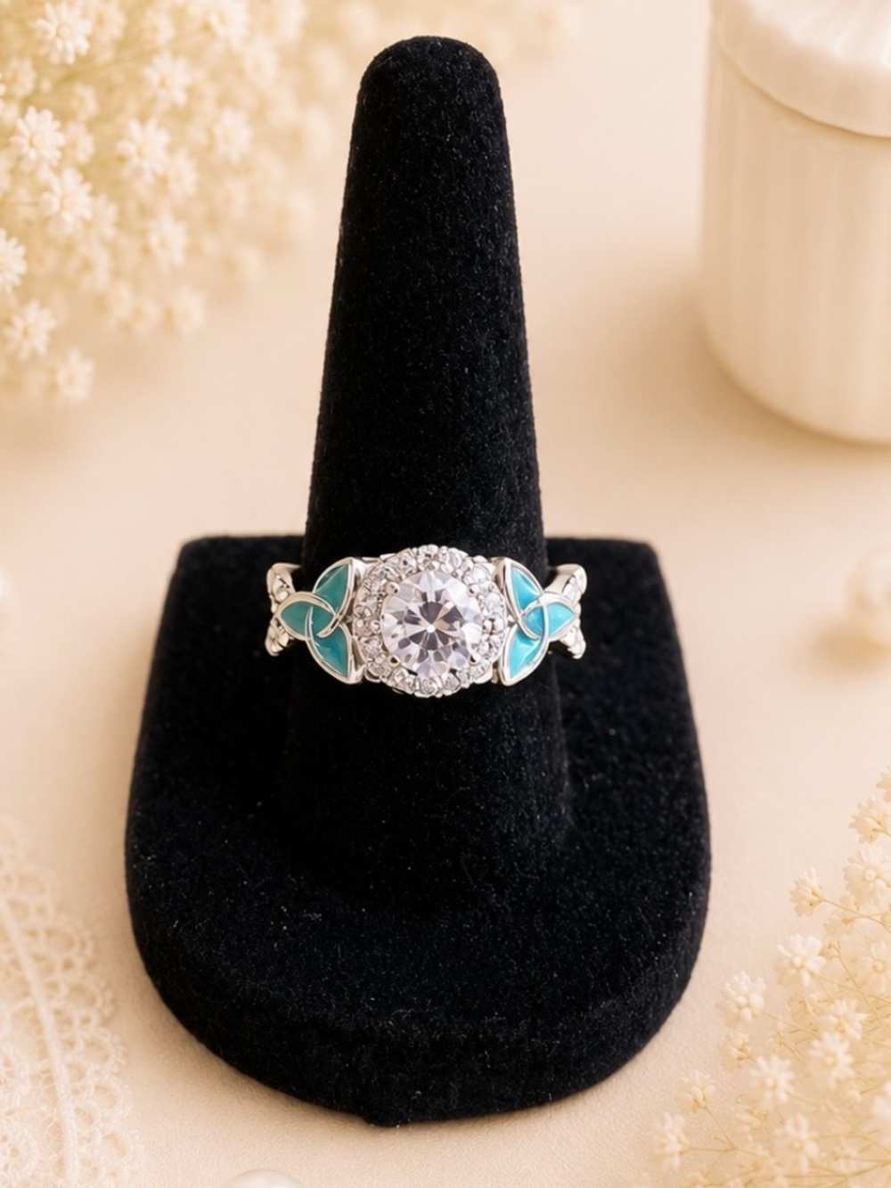 Silver-tone Green Enamel Floral Halo Ring With Clear Center Stone Size 7